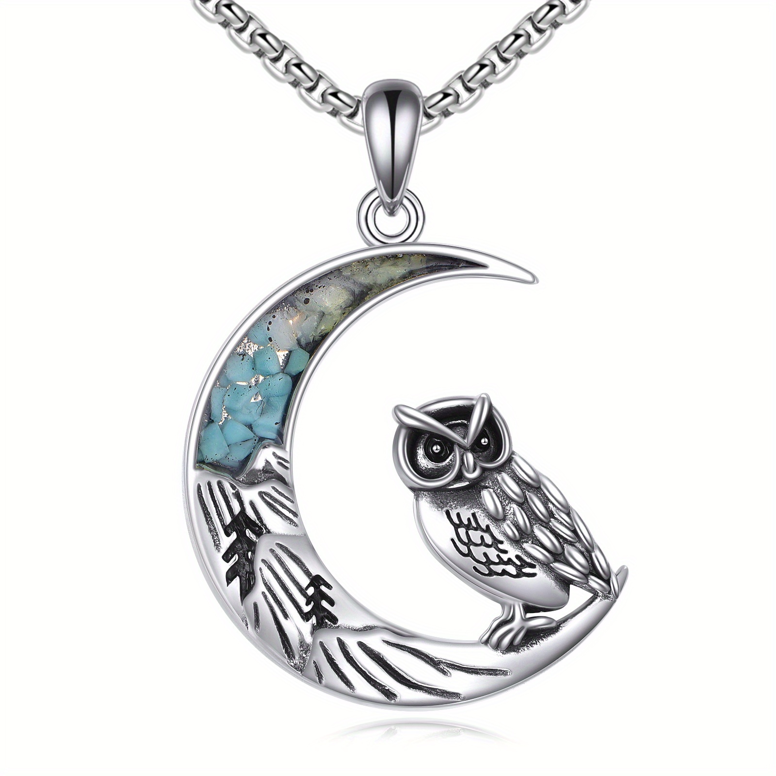 925 Sterling Silver Owl Crescent Moon Pendant Necklace